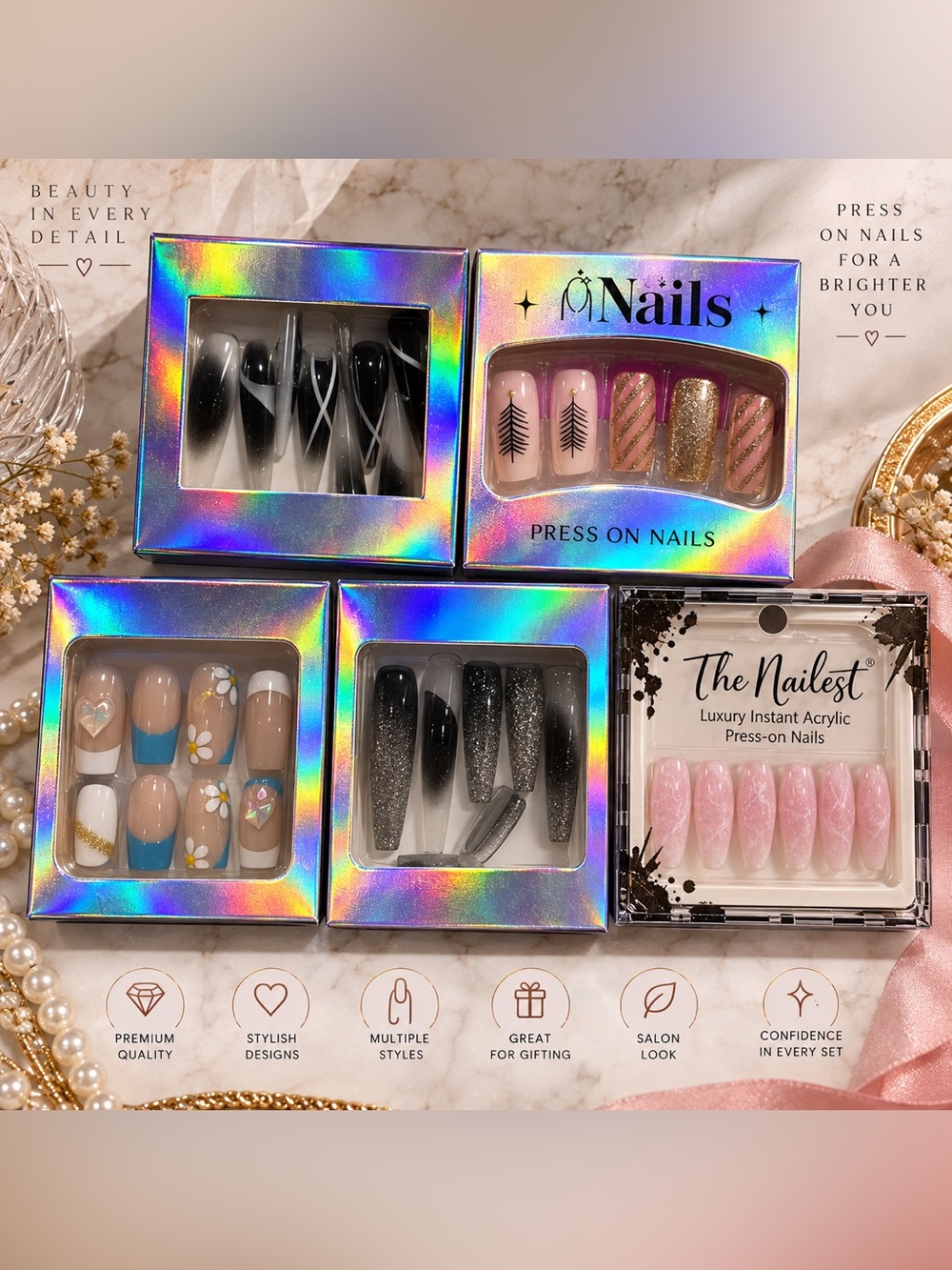 5-Piece Press-On Nail Bundle – Black, Pink, Gold & Blue Designs